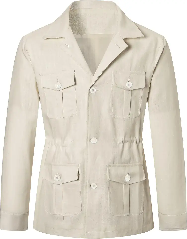 Betusline Men's Safari Linen Long Sleeve Military Cargo Jacket