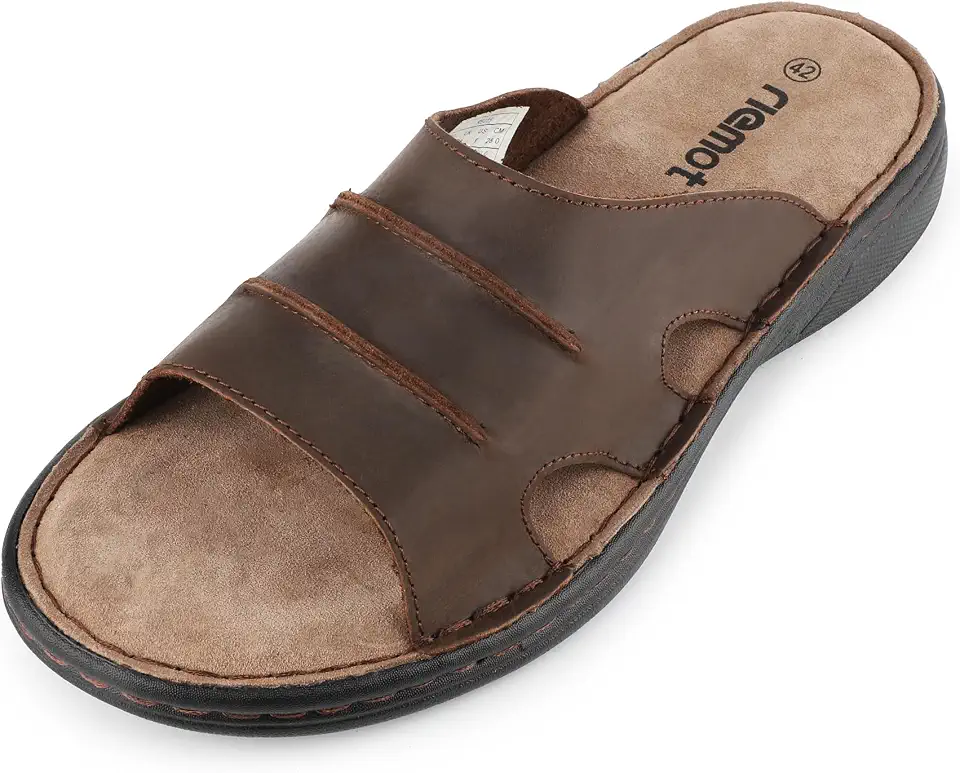 riemot Mens Leather Slide Sandals Comfortable Lightweight Summer Beach Slides with Memory Foam Footbed Casual Walking Cushioning Slip on Sandal Indoor & Outdoor US 9-14