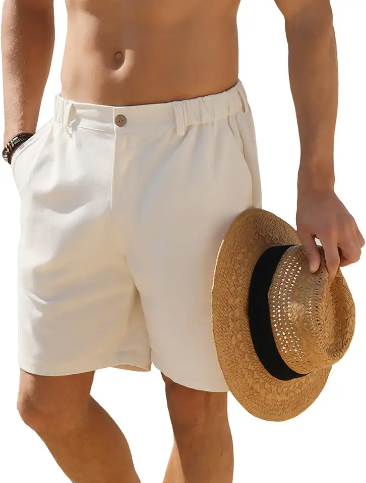 JEMLDL Men's Cotton Linen Shorts Casual 7" Drawstring Dress Shorts
