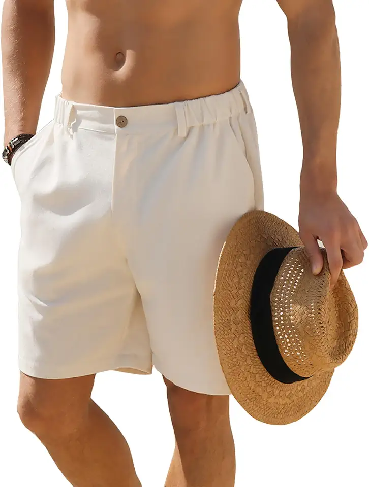 JEMLDL Men's Shorts Casual 7" Cotton Linen Button Elastic Waist Summer Beach Golf Shorts with Multi-Pocket