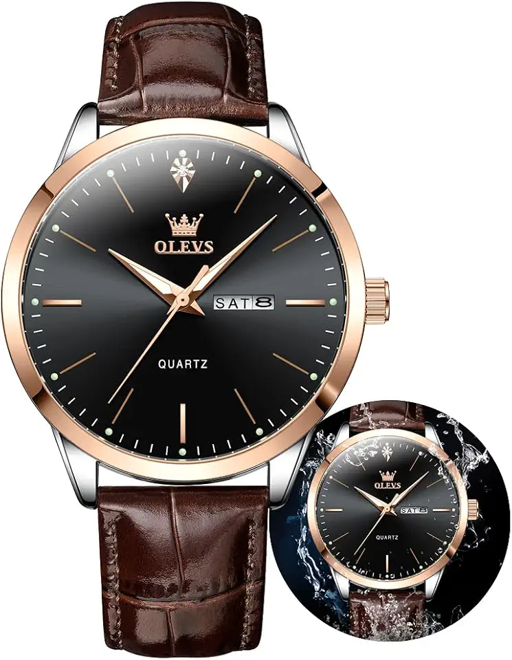 OLEVS Men Watches Dress Waterproof Leather Band Classic Large Face Luxury Watches for Men Casual Fashioned Nice Analog Watch Men Day Date Easy Reader Quartz Original Business Adjustable Watches Men