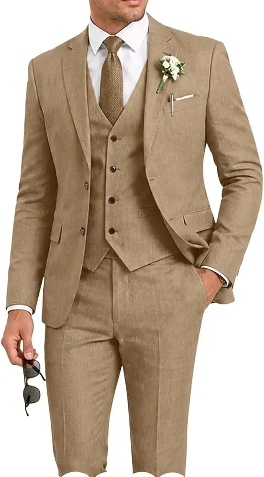 Global Recycled Standard Retro Linen Men's Suit 3 Pieces Slim Fit Prom Suits Jacket Blazer Vest Pant