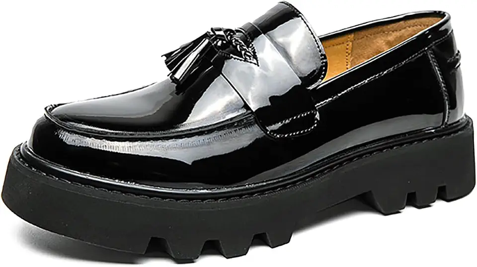 Men's Black Patent Leather Platform Loafers Slip-On Dress Shoes with Tassel, Non-Slip Lug Sole Round Toe Penny Formal Shoes for Business Work & Daily