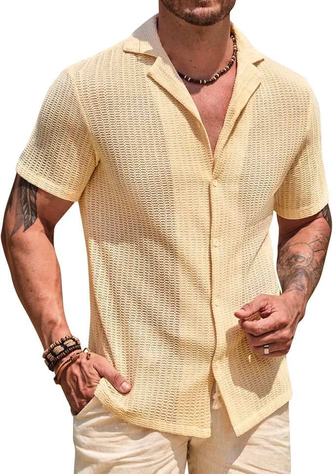 Herberton Mens Crochet Knit Shirts Summer Cuban Button Tops