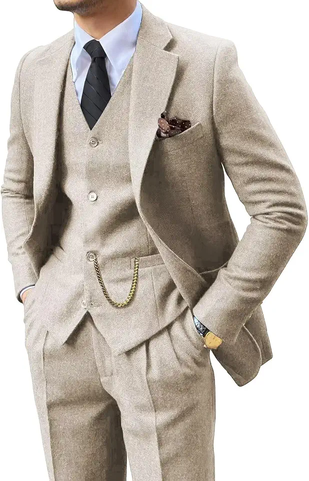 Global Recycled Standard Retro 3 Piece Suit Tweed Herringbone Men's Suits Slim Fit Jacket Vest Pant