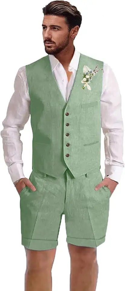 Global Recycled Standard Mens Linen Suit 2 Piece Short Suits for Men Casual Summer Beach Wedding Suit Linen Vest Shorts Set