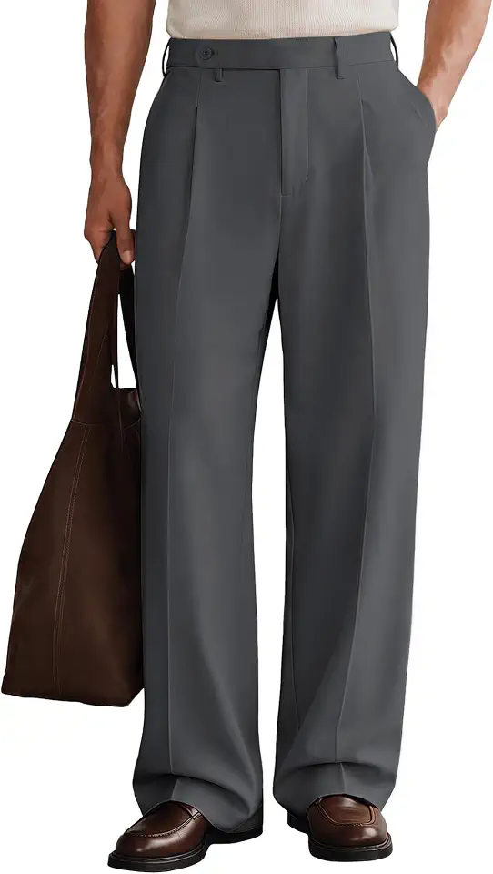 Susclude Mens Casual Dress Pants Pleated Old Money Wide Leg Baggy Pants Fall Relaxed Fit Slacks Work Trousers