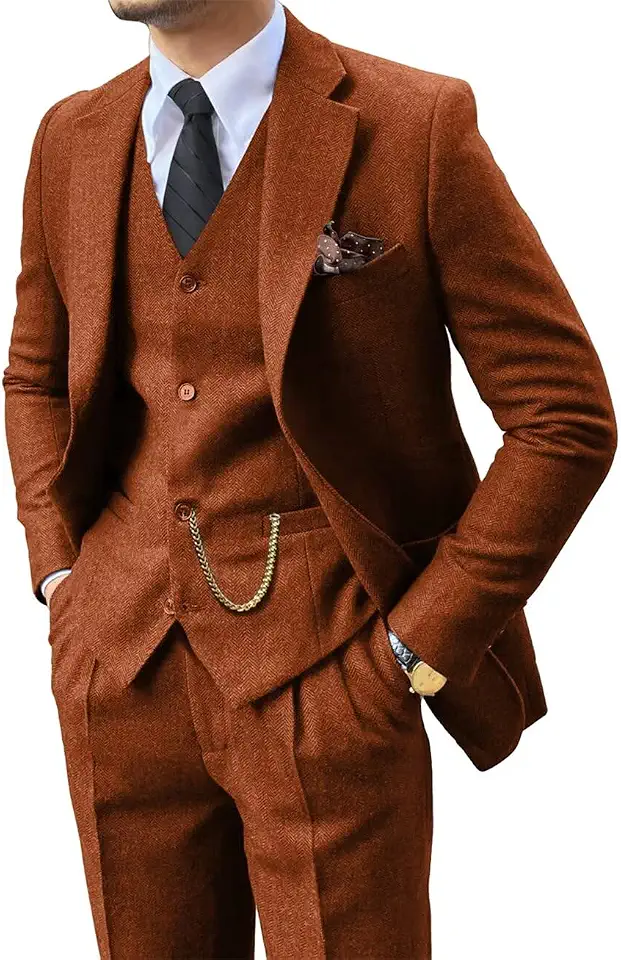 Global Recycled Standard Retro 3 Piece Suit Tweed Herringbone Men's Suits Slim Fit Jacket Vest Pant