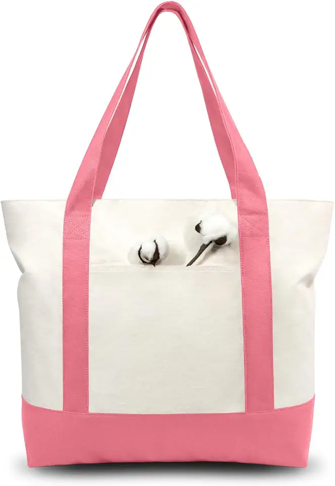 TOPDesign 1-Pack Canvas Tote Bag with an External Pocket, Reusable Grocery Shopping Bag, Top Zipper Closure, Daily Essentials (Rose Pink/Natural)