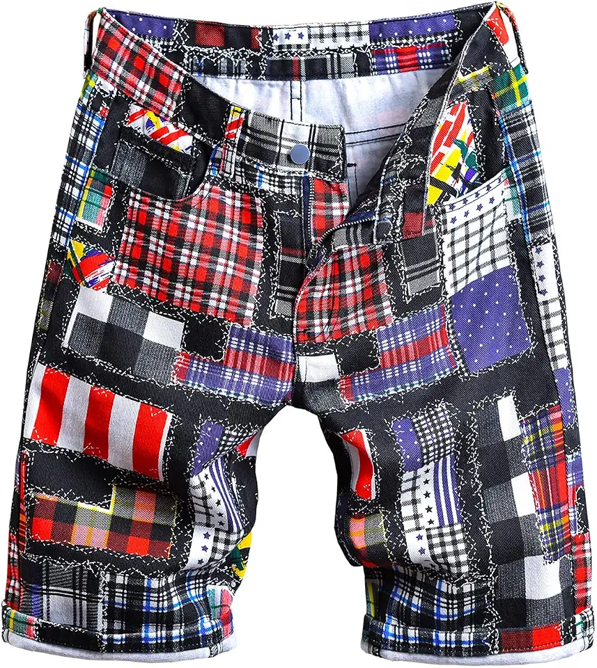 Baylvn Men's Casual Ripped Printed Denim Shorts Slim Fit Summer Beach Jeans Shorts
