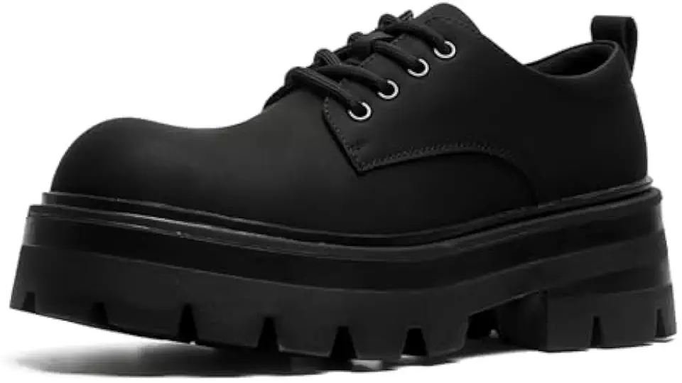 Men's Leather Platform Oxfords - Classic Round Toe Lace Up Dress Shoes -Comfort Non-Slip Lug Sole Chunky Heel Heightening Derby Shoes