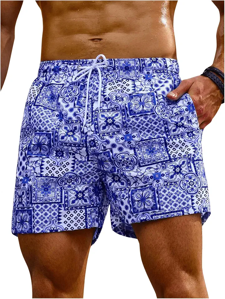 Floerns Men's Swim Trunk Floral Print Hawaiian Bathing Suit Beach Shorts with Pocket