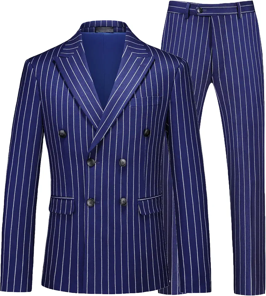 MOGU Mens Double Breasted Pinstripe Suit - 2 Piece Slim Fit Vintage Tuxedo for Groomsmen, Wedding, Prom