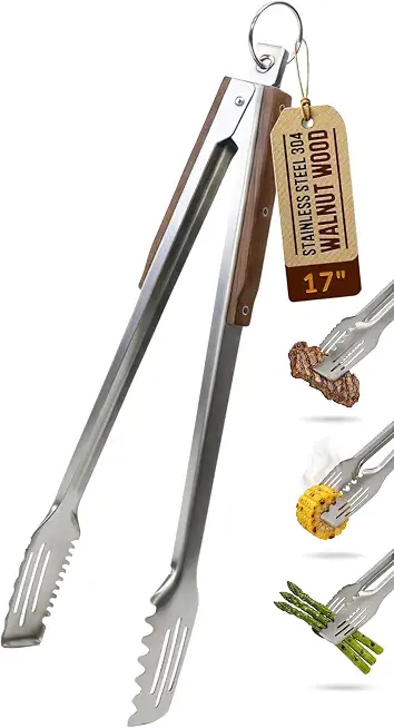 ClimatePartner Verified 17-Inch Grill Tongs, Heavy Duty 304 Stainless Steel BBQ Tongs, Extra-Long Locking Grilling Tongs for Outdoor Grill & Smoker, Walnut Handle, Gift Pouch
