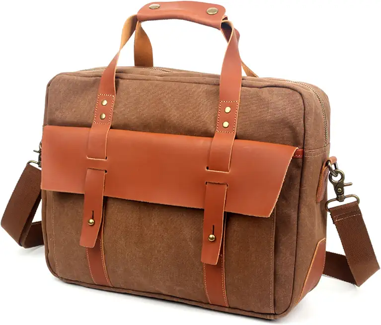 YEY 15.6 Inch Laptop Messenger Bag - Waterproof Vintage Genuine Leather Waxed Canvas Briefcase, Large Computer Bag Rugged Satchel Shoulder Bag for Men, Brown
