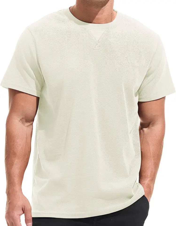 VEIISAR Men's Mini Waffle Knit Crew Neck T-Shirt - 210gsm Ultra-Fine Textured Cotton Tee - 1mm Micro Grid Breathable Top