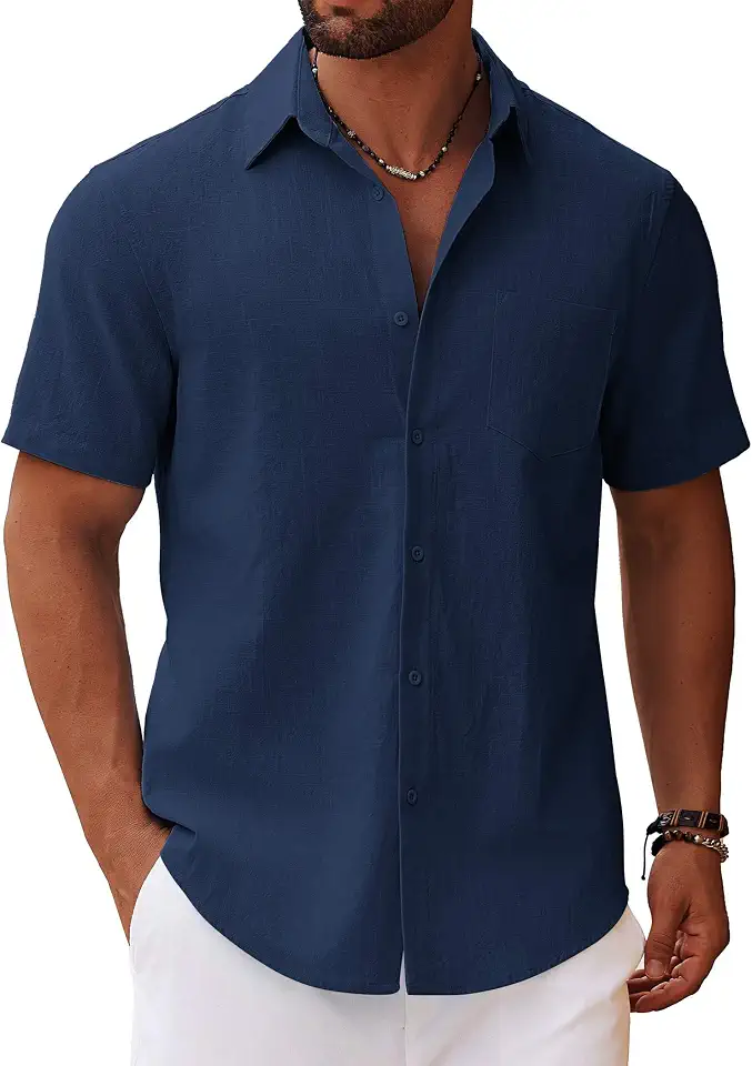 Global Recycled Standard COOFANDY Men's Button Down Short Sleeve Shirt Casual Cotton Summer Beach Linen Wedding Shirts with Pocket