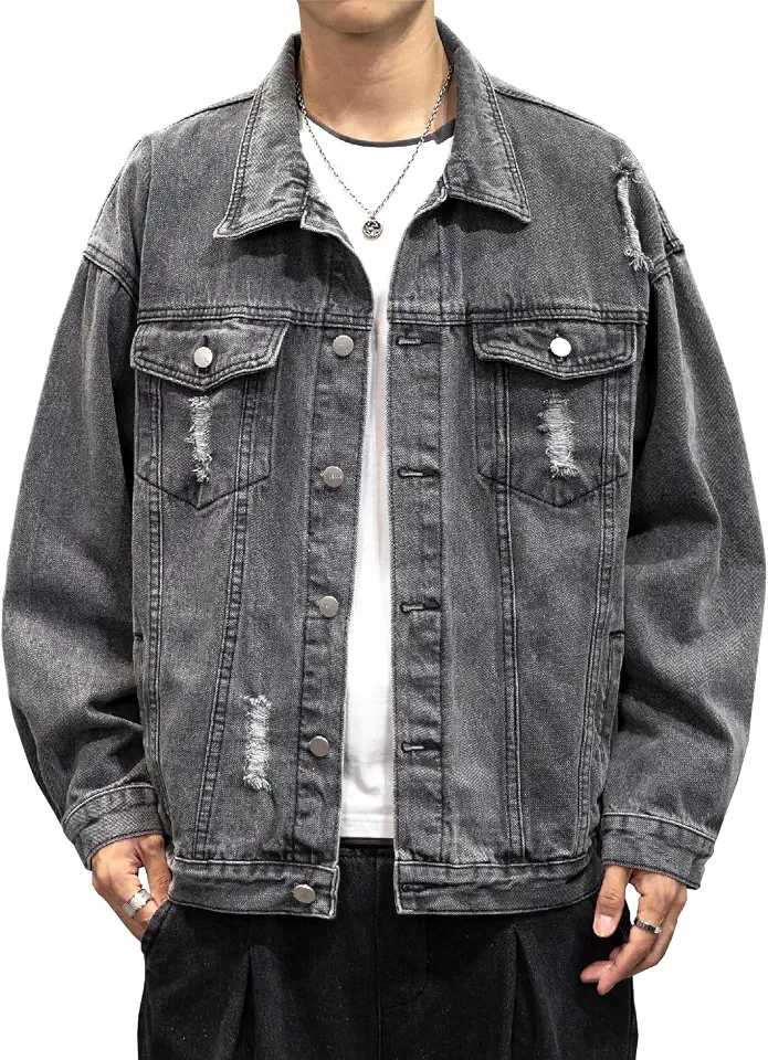 Men's Distressed Denim Jacket Casual Vintage Rugged Trucker Coat
