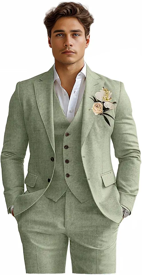 Global Recycled Standard Linen Mens Suits 3 Piece Slim Fit Tuxedo Suit for Men Beach Wedding Prom