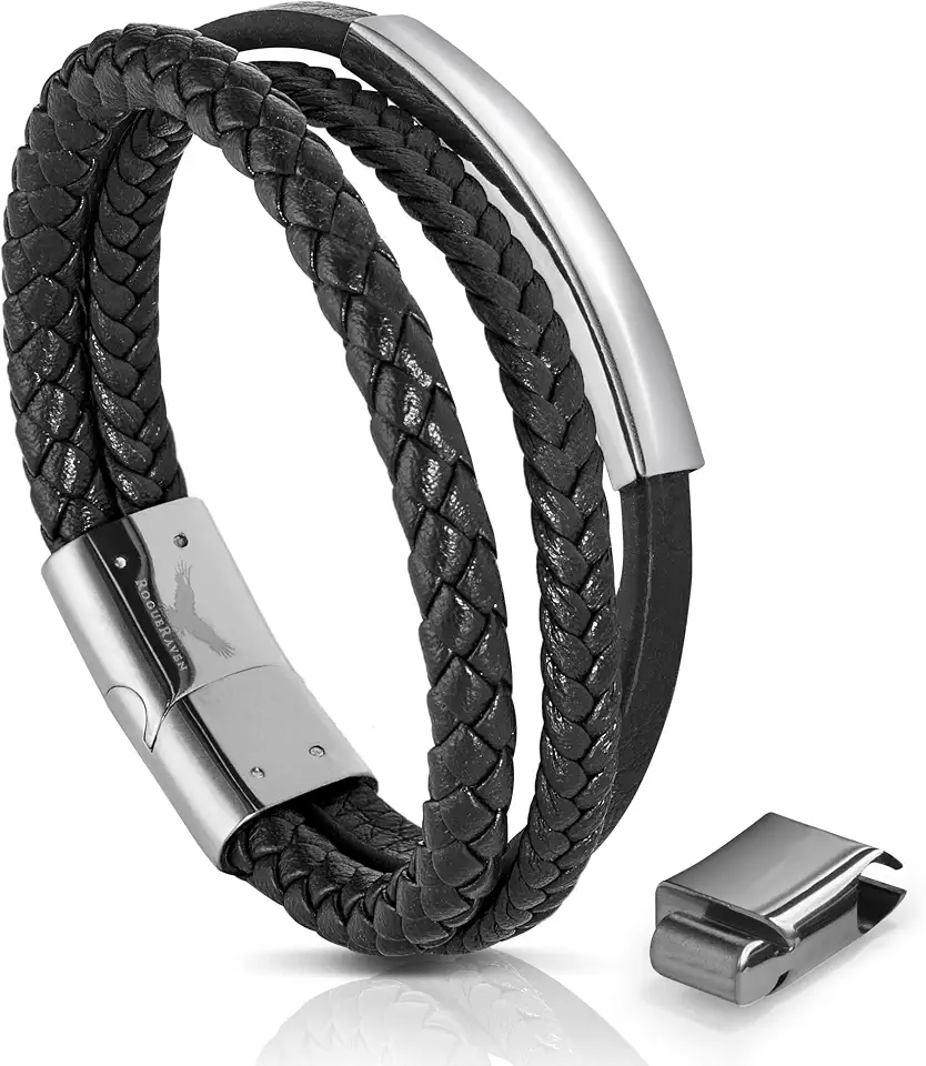 RogueRaven Black Leather Bracelet for Men – Premium Collection – Brown Black Gold Silver | Genuine Leather Mens Bracelet with Stainless Steel Clasp [Adjustable] | In Luxury Gift Box