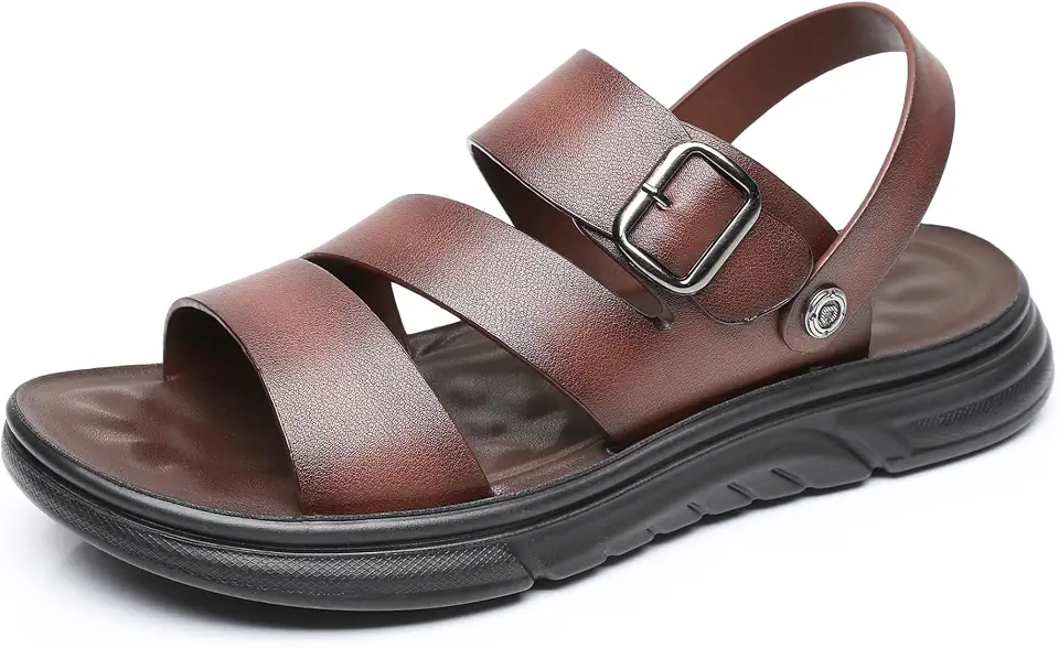 Men's Leather Comfort Beach Sandals with Adjustable Buckle Strap