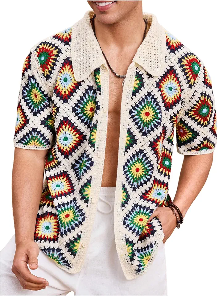 BEAUDRM Men's Striped Knit Shirts Short Sleeve Button Down Shirt Crochet Hollow Out Summer Beach Top Vintage Vacation Wear