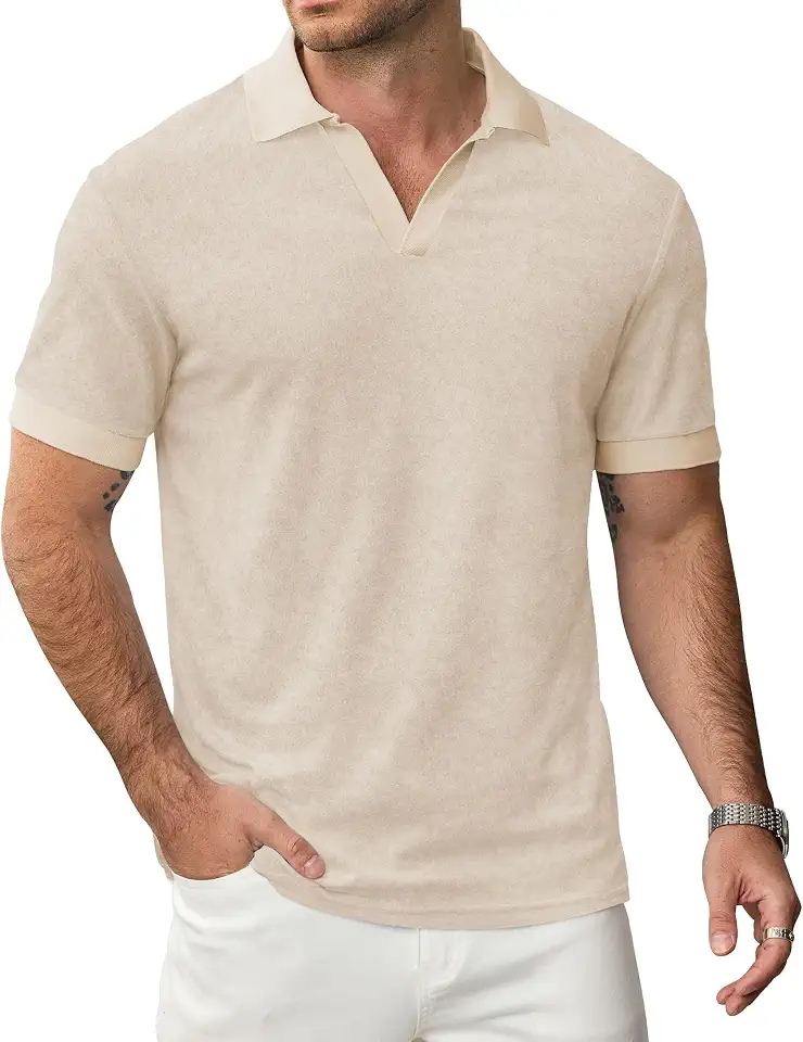 VOGSTART Mens Terry Cloth Buttonless Polo Casual Johnny Collar Shirts