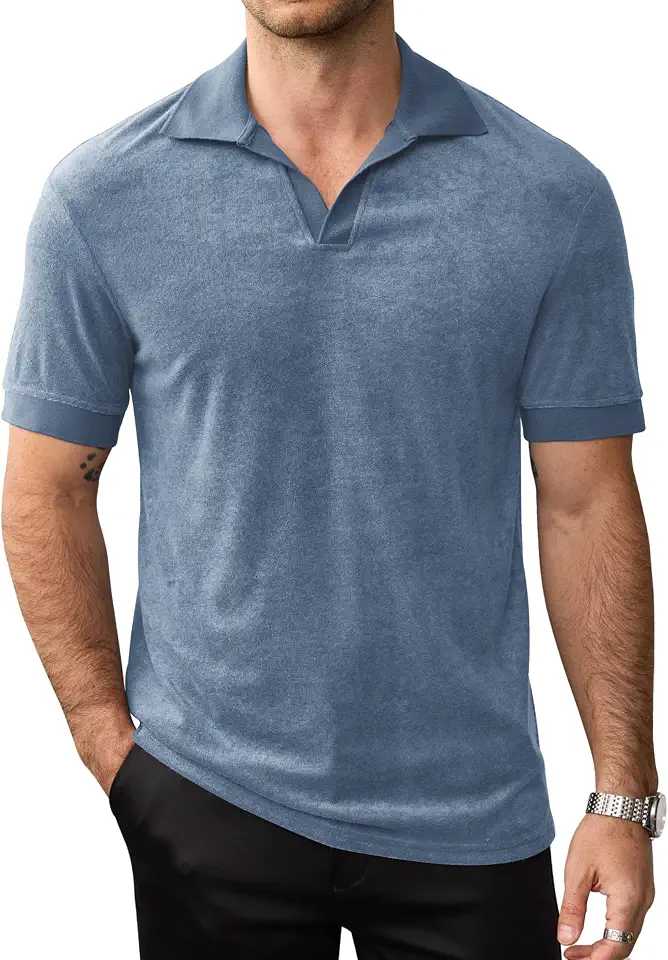 VOGSTART Mens Terry Cloth Buttonless Polo Casual Johnny Collar Shirts