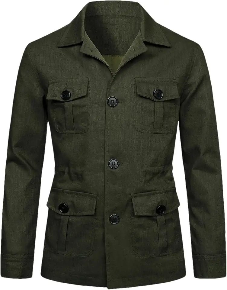 Men's Linen Jacket Lightweight Breathable Casual Single Breasted Cargo Coat with Pockets