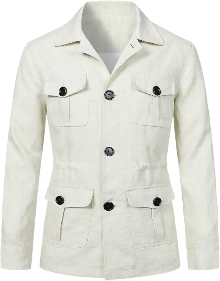 Men's Linen Jacket Lightweight Breathable Casual Single Breasted Cargo Coat with Pockets