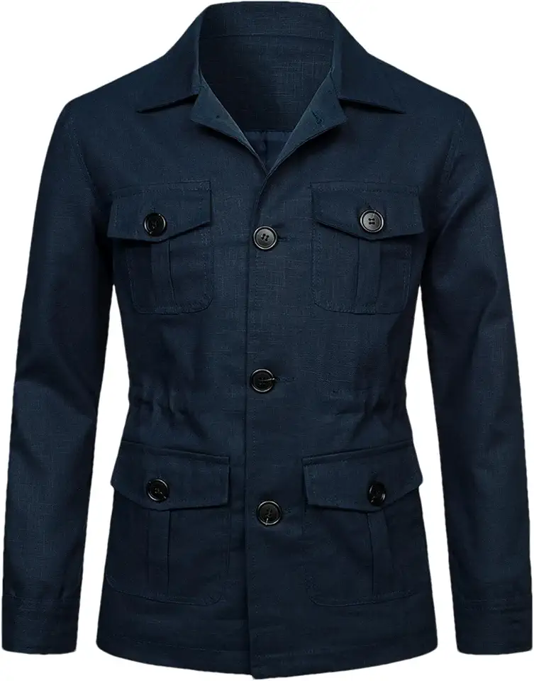 Men's Linen Jacket Lightweight Breathable Casual Single Breasted Cargo Coat with Pockets