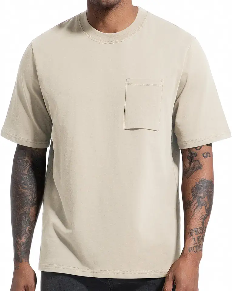 VEIISAR Men's 250GSM 100% Cotton Heavyweight Pocket T-Shirt - Thick Crew Neck Durable Tee