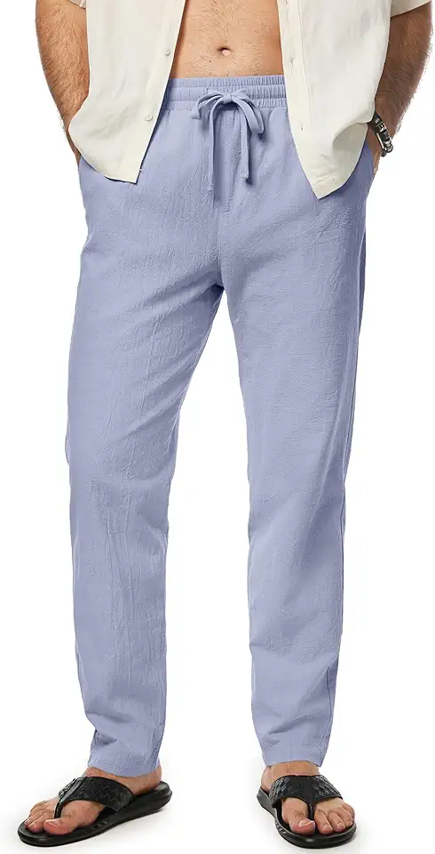 JMIERR Mens 100% Cotton Pants Casual Elastic Waist Drawstring Lightweight Summer Beach Trousers with Pockets