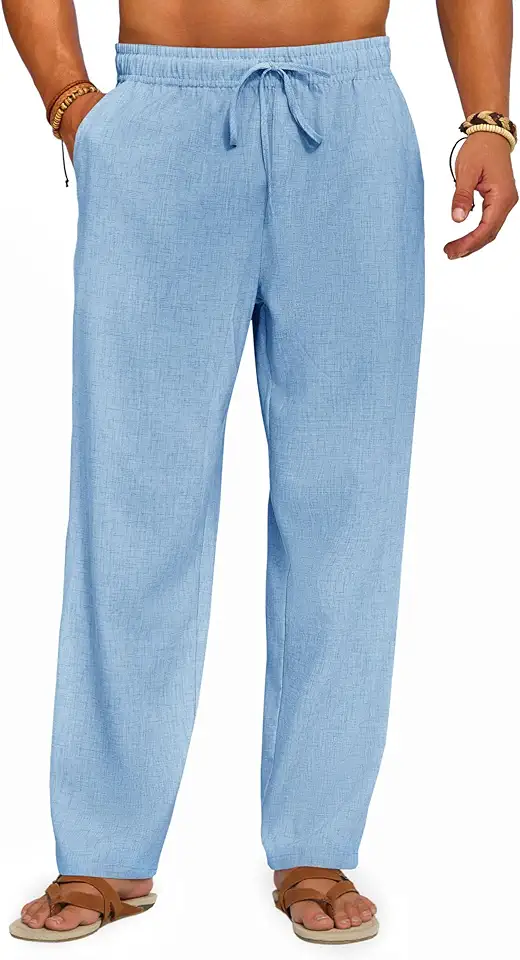 Runcati Mens Casual Linen Pants Elastic Waist Drawstring Summer Beach Pants Lightweight Loose Fit Yoga Trousers