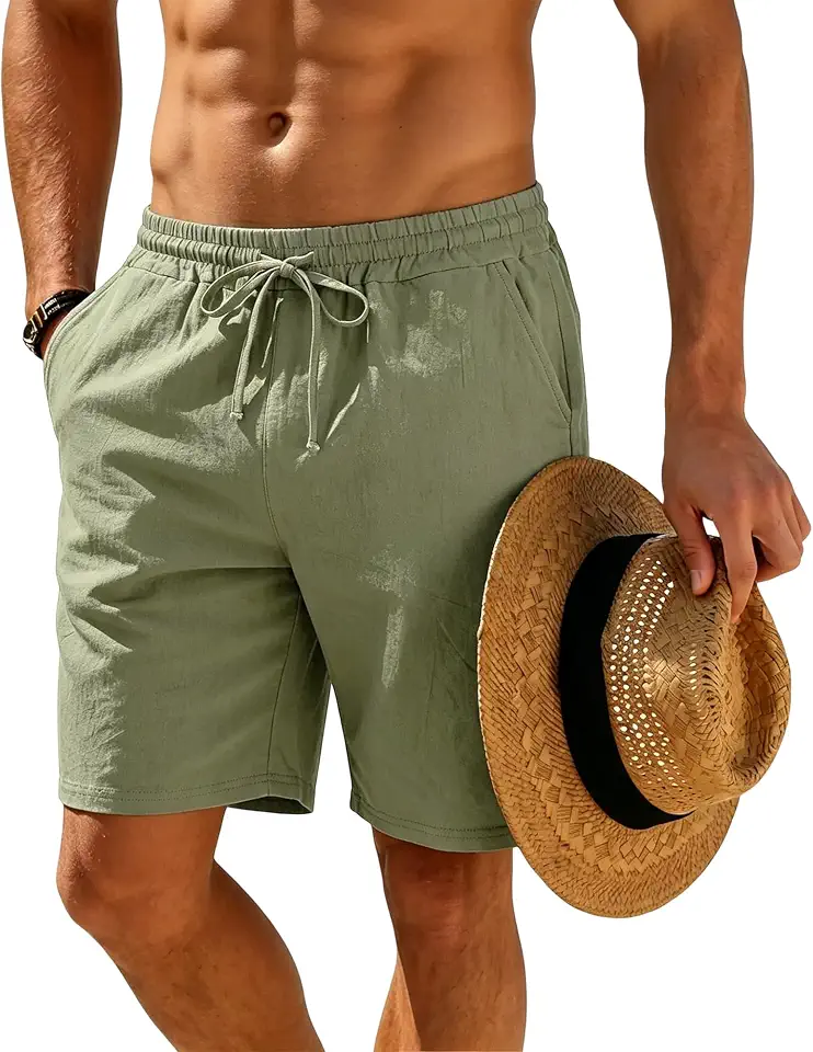 Mens Linen Shorts Casual Drawstring Elastic Waist Lightweight Breathable 7 Inch Inseam Summer Beach Shorts