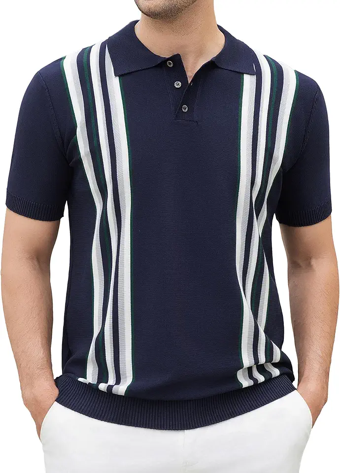 Men's Regular Fit Navy Short Sleeve Polo Striped Knit Shirt