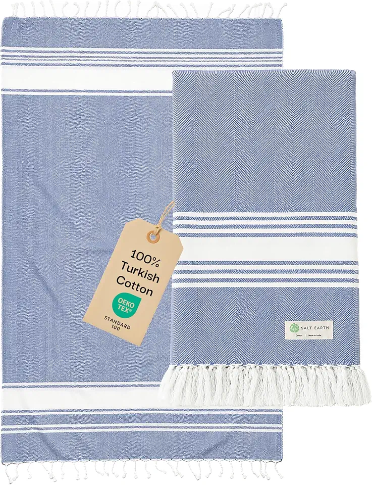 OEKO-TEX STANDARD 100 36"x72" 100% Cotton Herringbone Turkish Beach Towel 1 Pack (Blue)