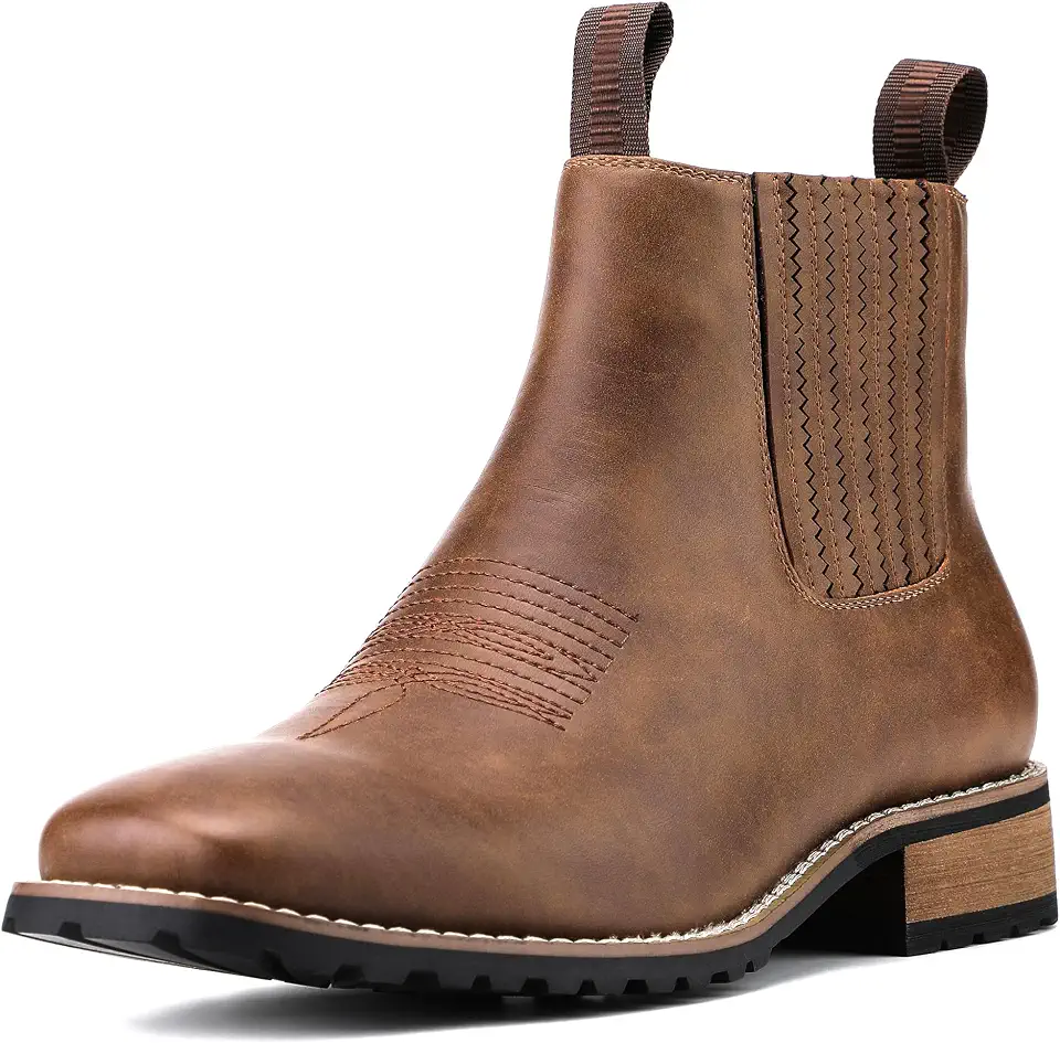 JASONSTAR Cowboy Boots for Men Square Toe, All-Weather Slip-On Work & Casual Western Chelsea Boots -botines para hombre