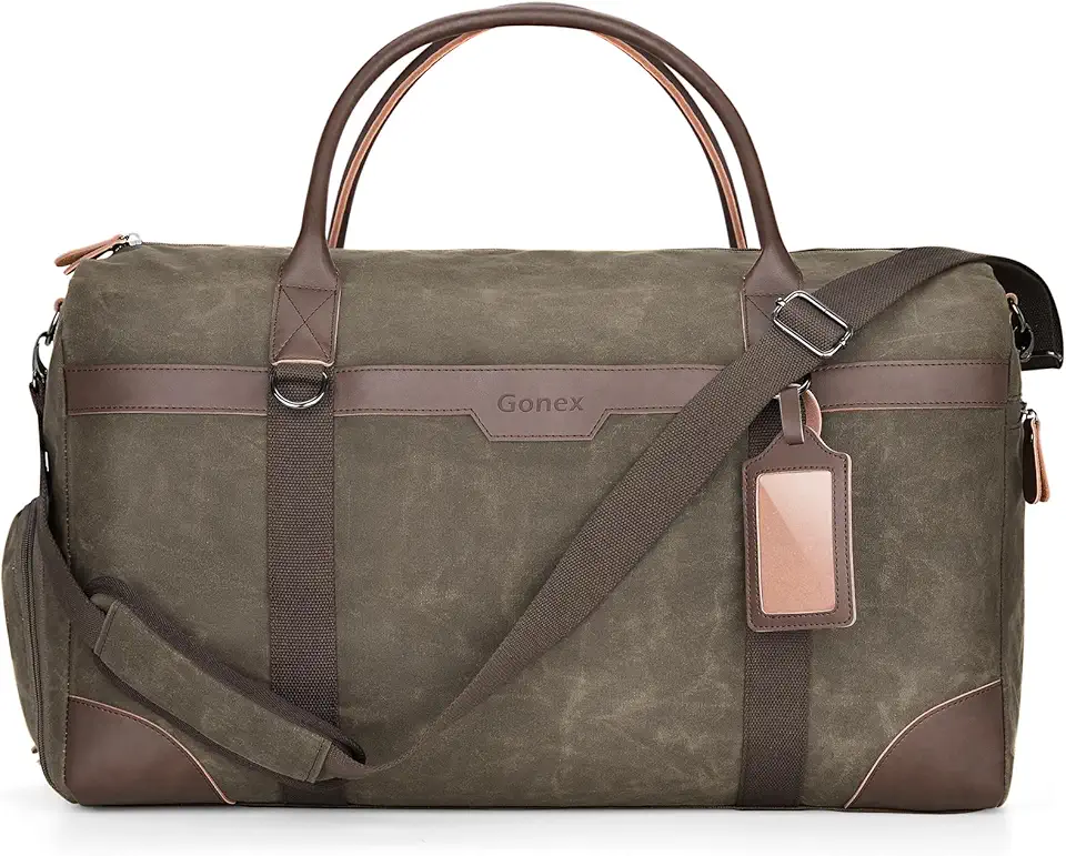 Gonex Waxed Canvas Duffle Bag, Waterproof 55L Travel Weekender Overnight | Shoe Compartment, Luggage Tag, Trolley Sleeve, Wet/Dry Pocket, Carry-On Friendly, Army Green