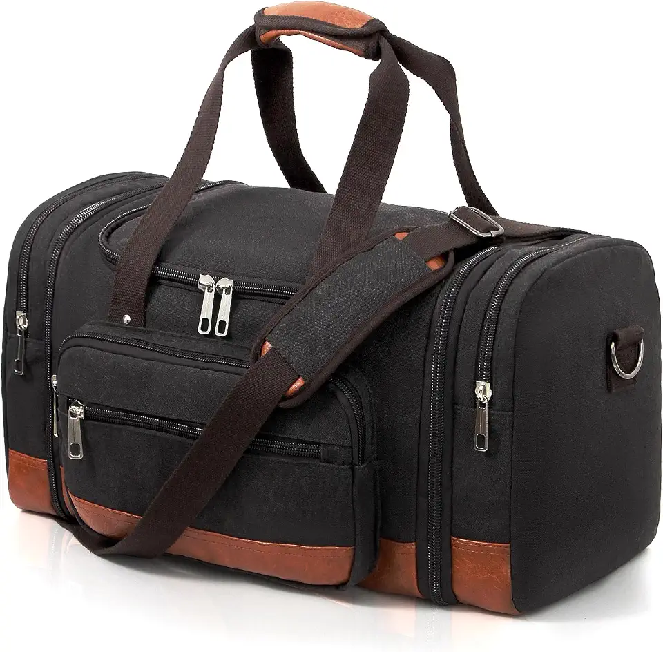 Men'S Duffle Bag For Travel, Expandable Canvas Duffel Bags Overnight Weekend Gym Carry On Luggage Bag For Men(Black)