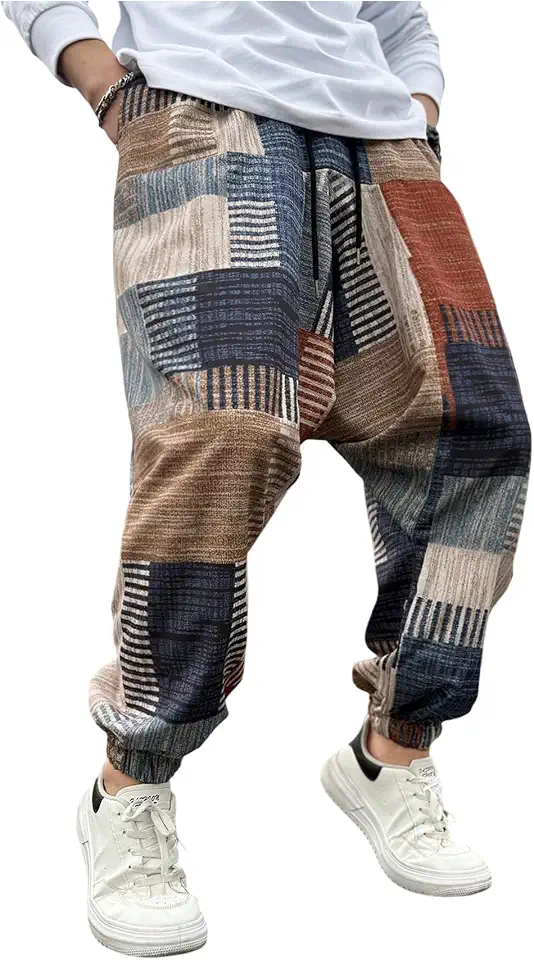 BEAUDRM Men's Color Patchwork Hippie Harem Pants Baggy Boho Pant Streetwear