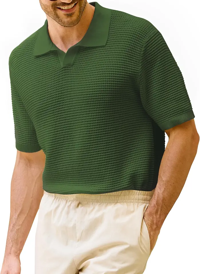 Kallspin Mens 100% Cotton Knit Polo Shirt Waffle Textured Short Sleeve