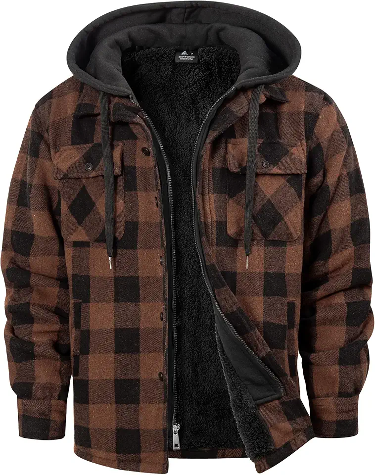 Mens Flannel Shirt Jacket Sherpa Lined Plaid Hoodie