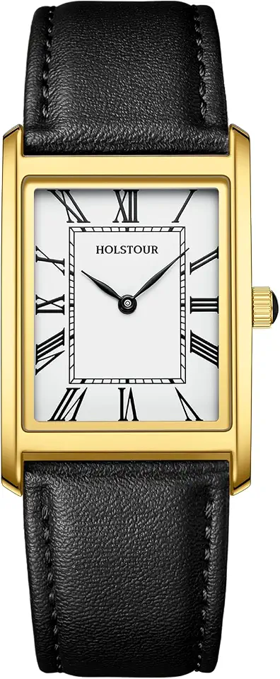 Men's Rectangular Leather Strap Dress Watch