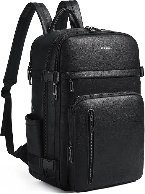 Vegan Leather Backpack for Women and Men, Fits 17.0" Laptop, Stylish Lay-Flat Carry-on Travel Backpack with Luggage Strap for Travel and Daily Use