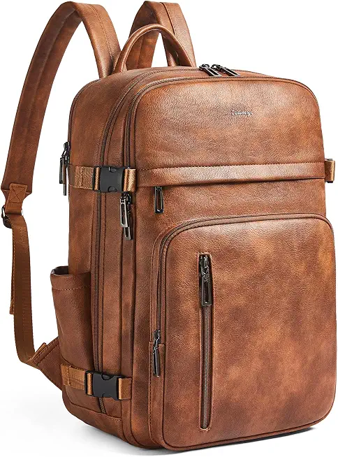 Vegan Leather Backpack for Women and Men, Fits 17.0" Laptop, Stylish Lay-Flat Carry-on Travel Backpack with Luggage Strap for Travel and Daily Use
