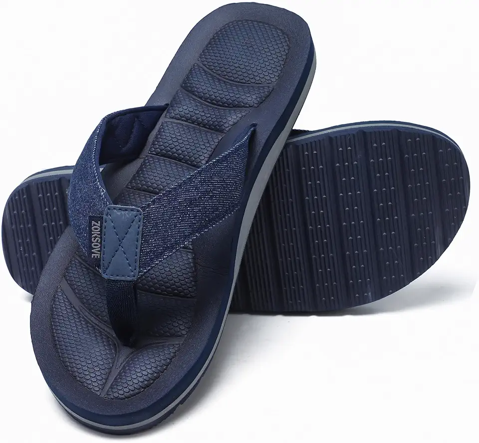 ZOKSOVE Mens Canvas Flip Flops with Arch Support - Comfort Foam Thong Beach Sandals - Waterproof Casual Flat Slides House Slippers