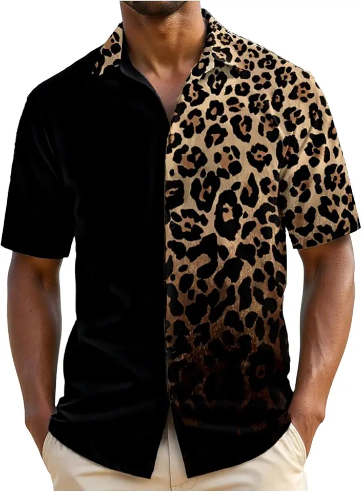 VIPWOLF Men's Leopard Shirt Button Down Short Sleeve Cheetah Animal Tops