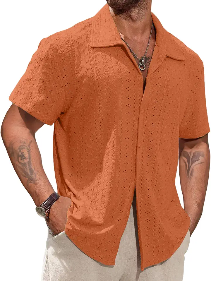 Vssjavun Men's Short Sleeve Button Down Shirts Lightweight Hollow Texture Summer Beach Vacation Shirt