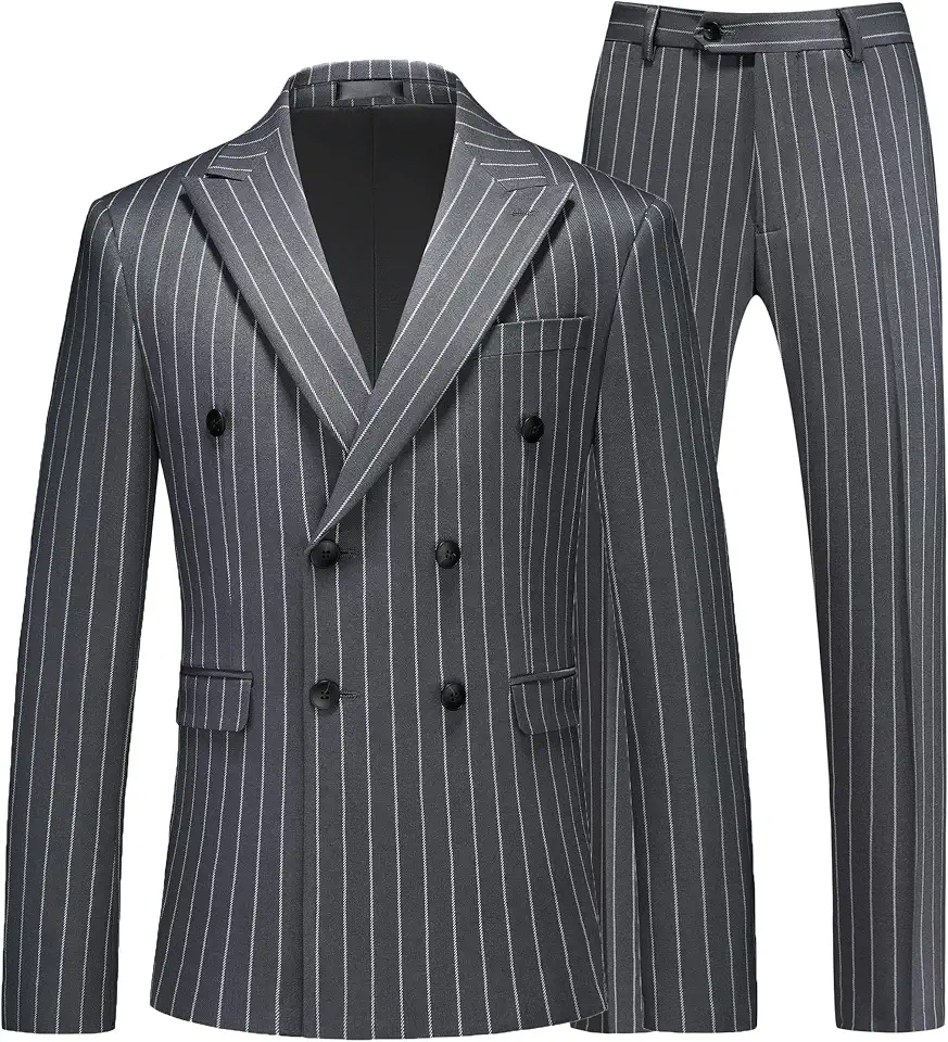 MOGU Mens Double Breasted Pinstripe Suit - 2 Piece Slim Fit Vintage Tuxedo for Groomsmen, Wedding, Prom